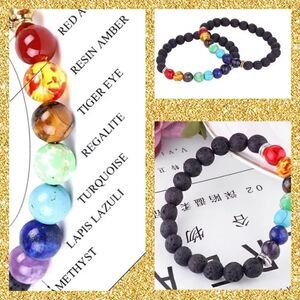(3) Essential Oil Diffuser Chakra Black Lava Rock Stone Bead Bracelets, Gold